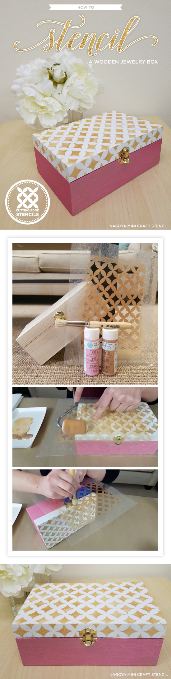 Cutting Edge Stencils shares how to stencil a wooden jewelry box in blush gold and pink using the Nagoya Card Stencil and craft paint. http://www.cuttingedgestencils.com/nagoya-handmade-card-craft-stencils-templates.html