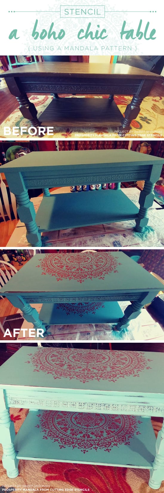 Cutting Edge Stencils shares a teal and metallic copper stenciled and painted coffee table makeover using the Prosperity Mandala Stencil. http://www.cuttingedgestencils.com/prosperity-mandala-stencil-yoga-mandala-stencils-designs.html