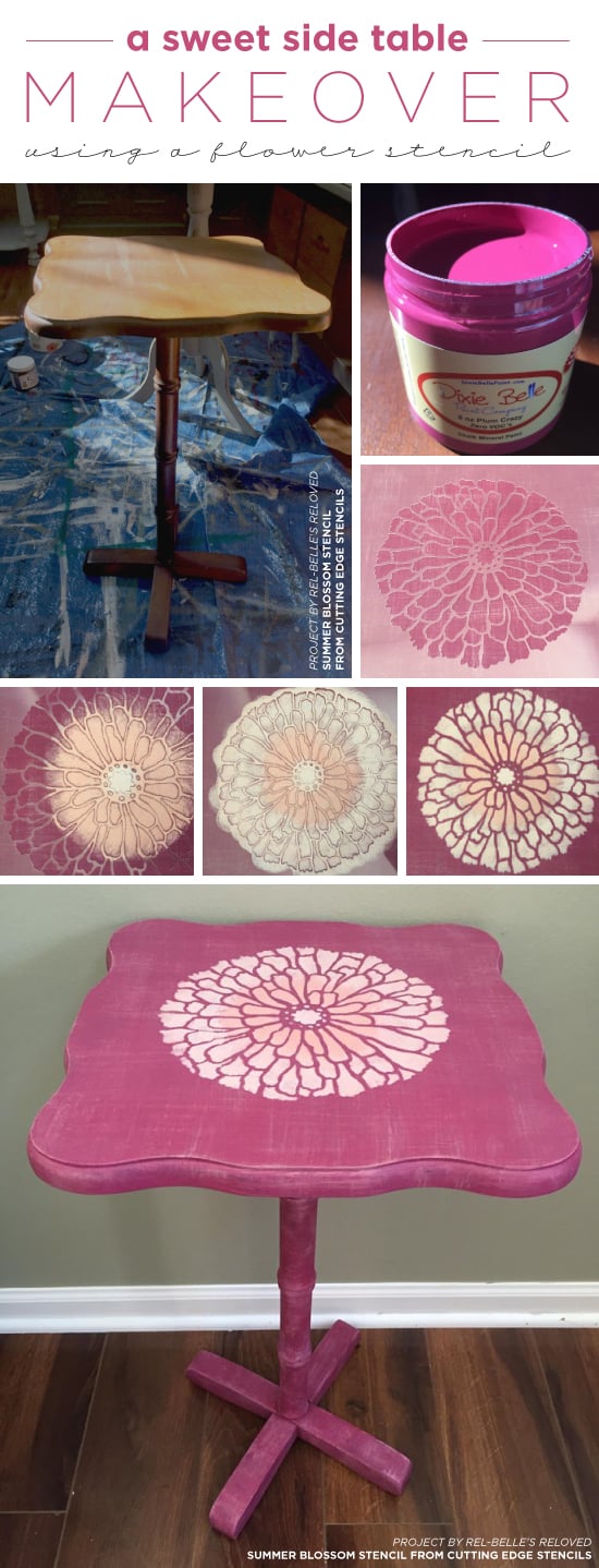 Cutting Edge Stencils shares A pretty pink DIY painted and stenciled side table using the Summer Blossom Flower Stencil. http://www.cuttingedgestencils.com/flower-stencils-summer-blossom-floral-wall-stencil-design.html