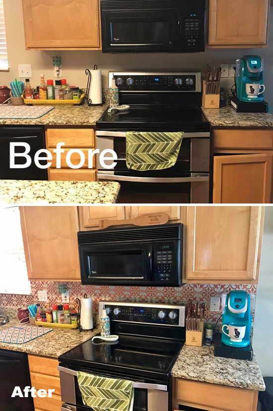 A before and after of a metallic copper stenciled kitchen backsplash using the Fabiola Tile Stencil from Cutting Edge Stencils. http://www.cuttingedgestencils.com/fabiola-tile-stencil-spanish-portugese-tiles-stencils.html