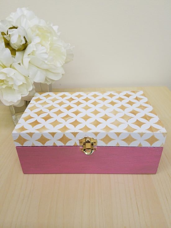 Cutting Edge Stencils shares how to stencil a wooden jewelry box in blush gold and pink using the Nagoya Card Stencil and craft paint. http://www.cuttingedgestencils.com/nagoya-handmade-card-craft-stencils-templates.html