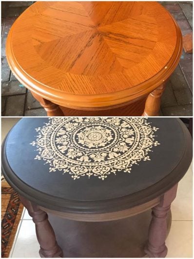 A painted and stenciled table makeover using the Prosperity Mandala Stencil from Cutting Edge Stencils. http://www.cuttingedgestencils.com/prosperity-mandala-stencil-yoga-mandala-stencils-designs.html