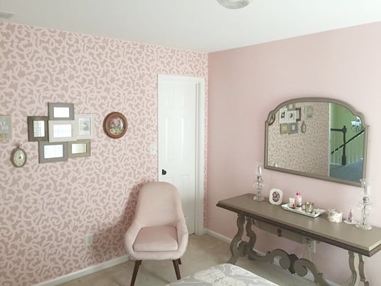 A DIY stenciled guest bedroom accent wall using the Venetian Scroll Allover Stencil from Cutting Edge Stencils. http://www.cuttingedgestencils.com/venetian-scroll-allover-stencil-pattern.html