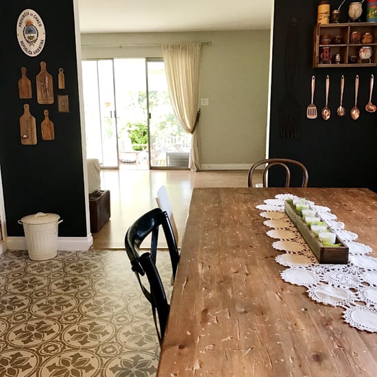 A DIY stenciled and painted linoleum kitchen floor using the Abbey Tile Stencil from Cutting Edge Stencils. http://www.cuttingedgestencils.com/Cement-tile-stencils-stenciled-floor-tiles.html