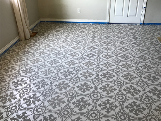 Learn how to prep, paint and stencil a linoleum kitchen floor using the Abbey Tile Stencil from Cutting Edge Stencils. http://www.cuttingedgestencils.com/Cement-tile-stencils-stenciled-floor-tiles.html