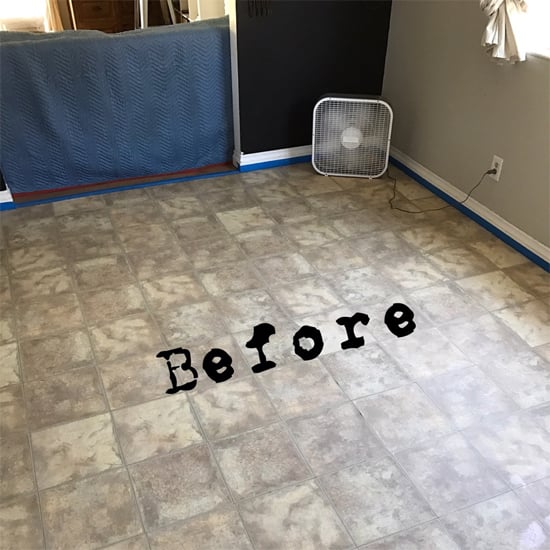 A linoleum kitchen floor before its painted and stenciled makeover. http://www.cuttingedgestencils.com/Cement-tile-stencils-stenciled-floor-tiles.html
