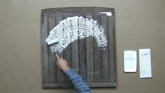 Learn how to make reclaimed wood wall art using the Abundance Mandala Stencil from Cutting Edge Stencils and an old table top pulled from the garbage. http://www.cuttingedgestencils.com/abundance-mandala-stencil-yoga-wall-stencils-mandalas.html