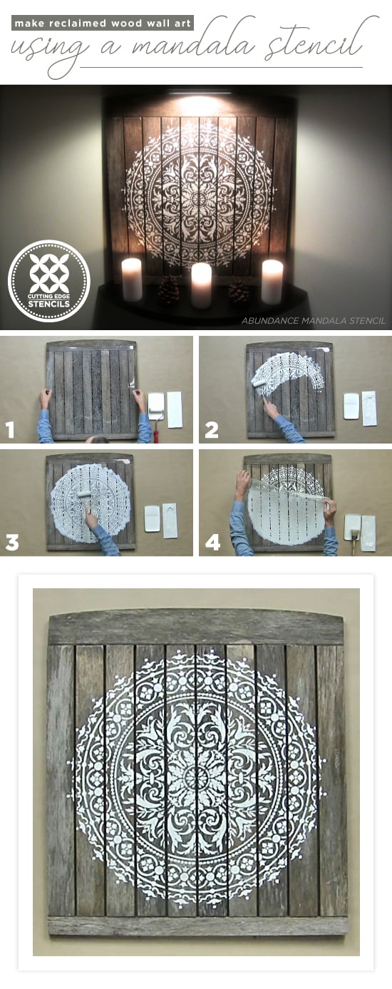 Cutting Edge Stencils shares a tutorial on how to make DIY reclaimed wood wall art using the Abundance Mandala Stencil. http://www.cuttingedgestencils.com/abundance-mandala-stencil-yoga-wall-stencils-mandalas.html