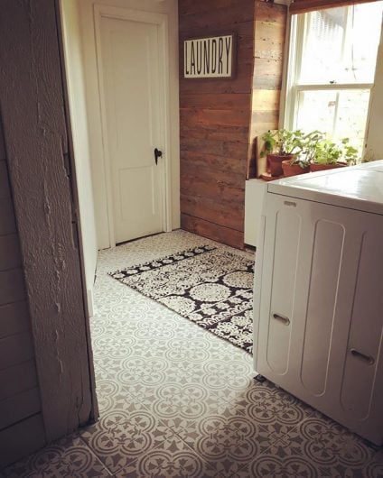 A DIY painted and stenciled laundry room floor using the Augusta Tile Stencil from Cutting Edge Stencils. http://www.cuttingedgestencils.com/augusta-tile-stencil-design-patchwork-tiles-stencils.html