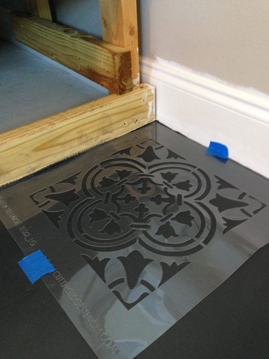 Learn how to stencil a guest bedroom plywood floor using the Augusta Tile Stencil from Cutting Edge Stencils. http://www.cuttingedgestencils.com/augusta-tile-stencil-design-patchwork-tiles-stencils.html