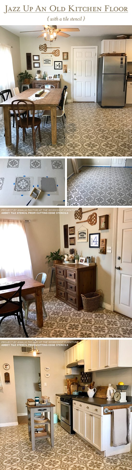 Cutting Edge Stencils shares a DIY stenciled and painted linoleum kitchen floor using the Abbey Tile Stencil. http://www.cuttingedgestencils.com/Cement-tile-stencils-stenciled-floor-tiles.html