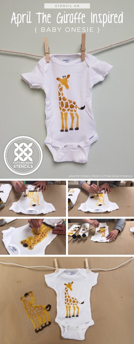 Cutting Edge Stencils shares a stencil tutorial on how to paint a custom baby onesie using the Giraffe stencil, a freebie pattern with purchase that was inspired by April the Giraffe. http://www.cuttingedgestencils.com/wall-stencils-stencil-designs.html