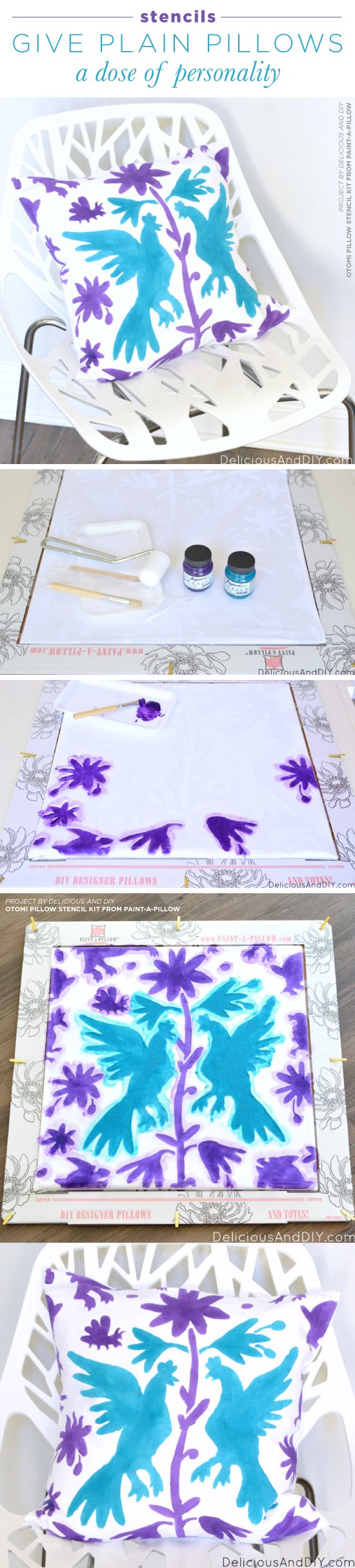 Cutting Edge Stencils shares how to stencil custom throw pillows using the Otomi Roosters Accent Pillow Stencil Kit. http://www.cuttingedgestencils.com/otomi-roosters-stenciling-paint-a-pillow-kit.html