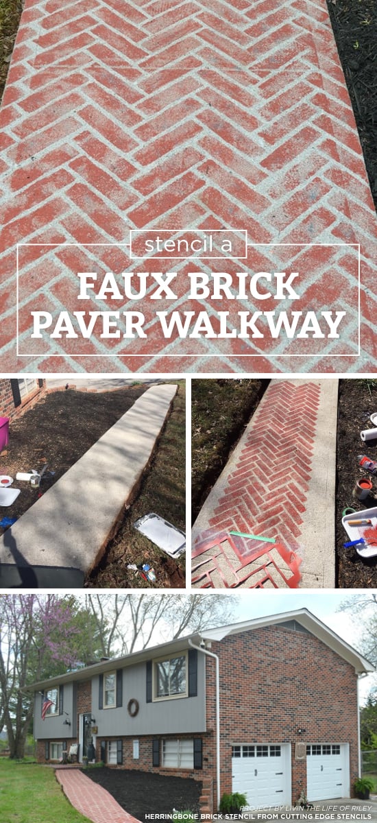 Cutting Edge Stencils shares a DIY painted faux brick cement walkway using the Herringbone Brick Allover Stencil. http://www.cuttingedgestencils.com/herringbone-brick-pattern-stencil-wall-decor.html