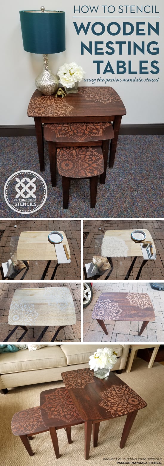 Cutting Edge Stencils shares how to paint and stain wooden nesting tables using the Passion Mandala Stencil. http://www.cuttingedgestencils.com/passion-mandala-stencil-yoga-decal-wall-stencils-mandalas.html