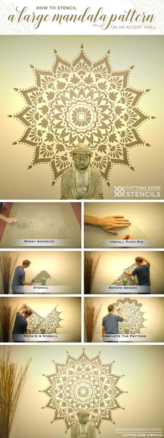 Cutting Edge Stencils shares a tutorial on how to stencil an accent wall using a large 74 inch Radiance Mandala Stencil. http://www.cuttingedgestencils.com/radiance-mandala-stencil-yoga-mandala-stencils-decal.html