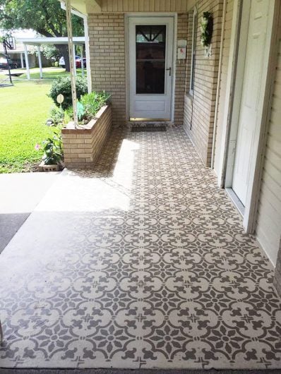 A DIY stenciled cement patio floor using the Fabiola Tile Stencil from Cutting Edge Stencils. http://www.cuttingedgestencils.com/fabiola-tile-stencil-spanish-portugese-tiles-stencils.html