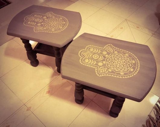 DIY stenciled furniture tables using the Hamsa Hand Mandala Stencils from Cutting Edge Stencils. http://www.cuttingedgestencils.com/hamsa-hand-mandala-stencil.html
