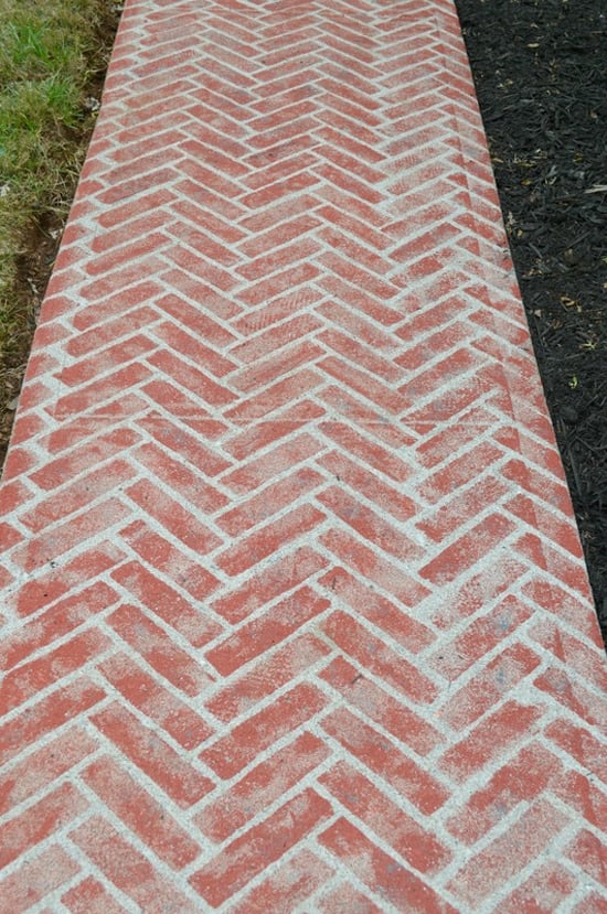 A DIY painted faux brick cement walkway using the Herringbone Brick Allover Stencil from Cutting Edge Stencils. http://www.cuttingedgestencils.com/herringbone-brick-pattern-stencil-wall-decor.html