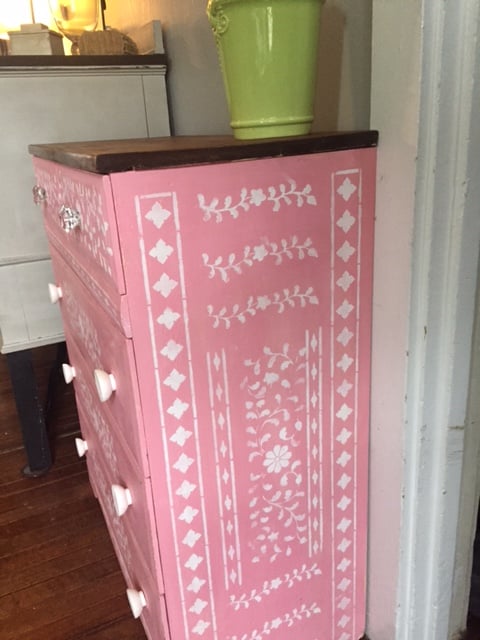 Learn how to stencil a pink dresser using the Indian Inlay Stencil Kit from Cutting Edge Stencils. http://www.cuttingedgestencils.com/indian-inlay-stencil-furniture.html