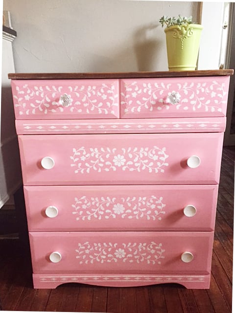 Learn how to stencil a pink dresser using the Indian Inlay Stencil Kit from Cutting Edge Stencils. http://www.cuttingedgestencils.com/indian-inlay-stencil-furniture.html