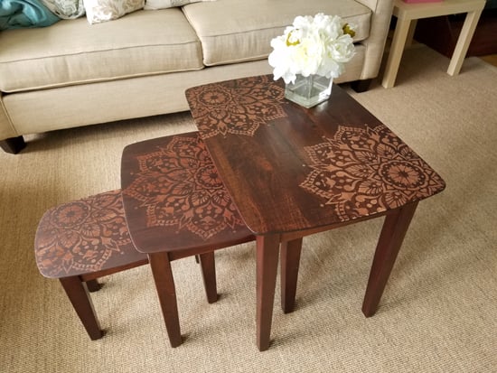 passion-mandala-stencil-Learn how to stencil and stain wooden nesting tables using the Passion Mandala Stencil from Cutting Edge Stencils. http://www.cuttingedgestencils.com/passion-mandala-stencil-yoga-decal-wall-stencils-mandalas.html