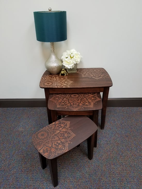passion-mandala-stencil-Learn how to stencil and stain wooden nesting tables using the Passion Mandala Stencil from Cutting Edge Stencils. http://www.cuttingedgestencils.com/passion-mandala-stencil-yoga-decal-wall-stencils-mandalas.html