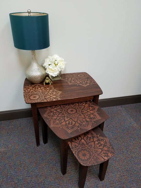 Learn how to stencil and stain wooden nesting tables using the Passion Mandala Stencil from Cutting Edge Stencils. http://www.cuttingedgestencils.com/passion-mandala-stencil-yoga-decal-wall-stencils-mandalas.html