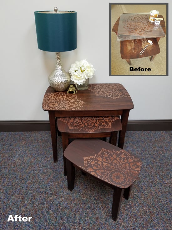 A before and after for stenciled and stained wooden nesting tables using the Passion Mandala Stencil from Cutting Edge Stencils. http://www.cuttingedgestencils.com/passion-mandala-stencil-yoga-decal-wall-stencils-mandalas.html