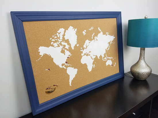 A DIY stenciled cork board using the World Map Wall Art Stencil from Cutting Edge Stencils. http://www.cuttingedgestencils.com/world-map-stencil-wall-decal-worlds-maps-stencils.html