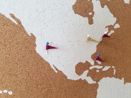 Make custom push pins for DIY stenciled cork board using the World Map Wall Art Stencil from Cutting Edge Stencils. http://www.cuttingedgestencils.com/world-map-stencil-wall-decal-worlds-maps-stencils.html