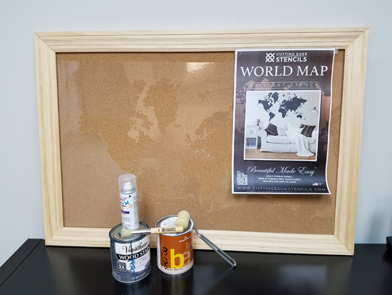 The materials needed to stencil a cork board with the World Map Wall Art Stencil from Cutting Edge Stencils. http://www.cuttingedgestencils.com/world-map-stencil-wall-decal-worlds-maps-stencils.html