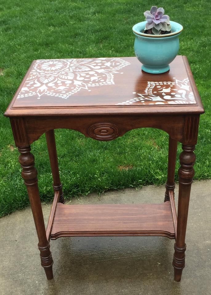 A DIY furniture makeover project. The stenciled side table uses the Passion Mandala Stencil from Cutting Edge Stencils. http://www.cuttingedgestencils.com/passion-mandala-stencil-yoga-decal-wall-stencils-mandalas.html