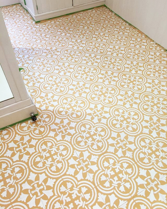 Learn how to stencil vinyl tile floor in a bathroom using the Augusta Tile Stencil from Cutting Edge Stencils. http://www.cuttingedgestencils.com/augusta-tile-stencil-design-patchwork-tiles-stencils.html