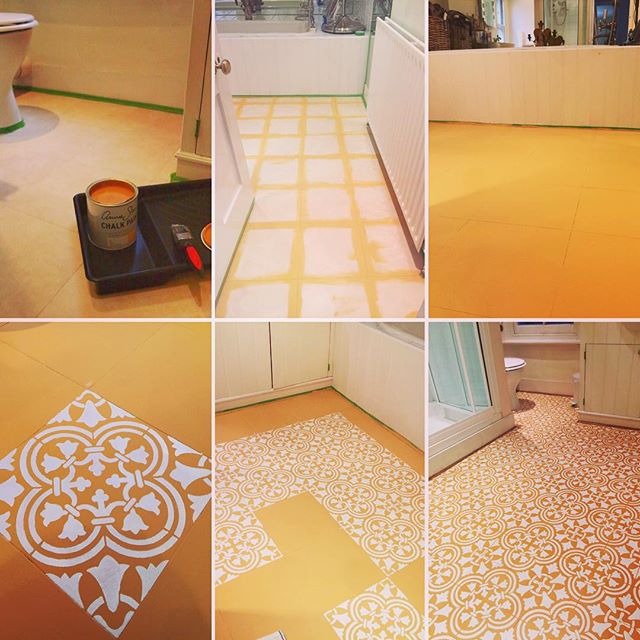 Learn how to stencil vinyl tiles in a bathroom using the Augusta Tile Stencil from Cutting Edge Stencils. http://www.cuttingedgestencils.com/augusta-tile-stencil-design-patchwork-tiles-stencils.html