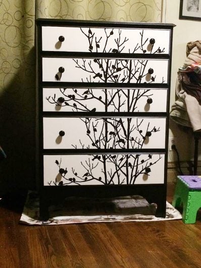 A DIY stenciled table upcycle project using the Birds In Trees Craft Stencil from Cutting Edge Stencils. http://www.cuttingedgestencils.com/birds-in-trees-crafts-stencil-DIY-decor.html