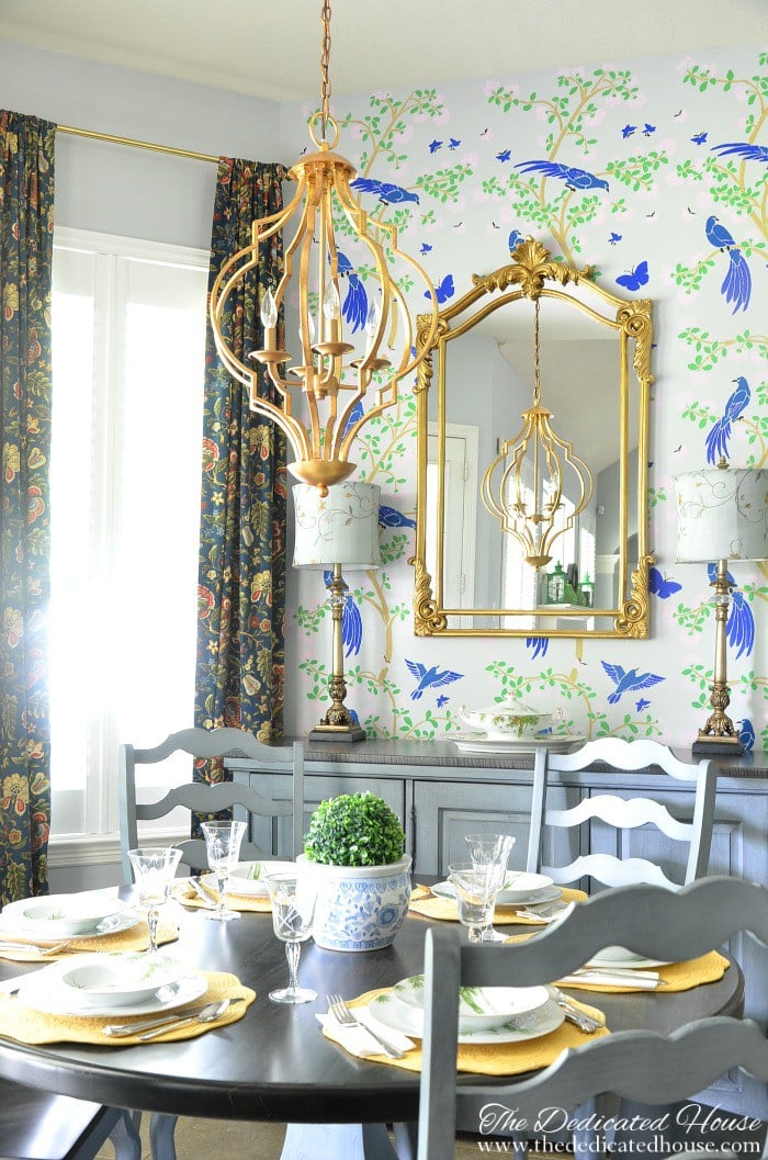 A DIY stenciled breakfast nook by The Dedicated House that used the Chinoiserie Birds and Roses Mural Stencil from Cutting Edge Stencils. http://www.cuttingedgestencils.com/chinoiserie-wall-stencil-mural-panel-asian-design.html
