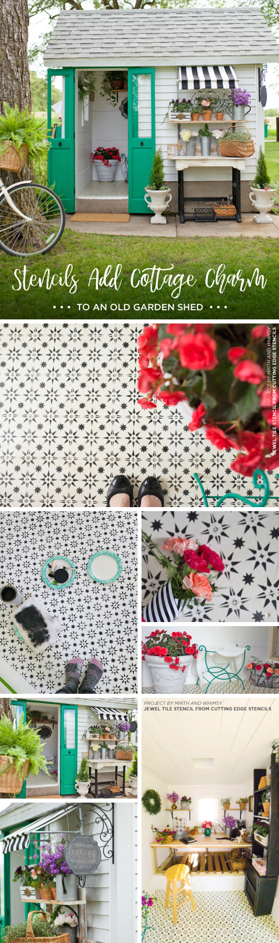 Cutting Edge Stencils shares a DIY farmhouse garden shed makeover with a stenciled cement tile floor. http://www.cuttingedgestencils.com/jewel-tile-stencil-cement-tiles-stencils.html