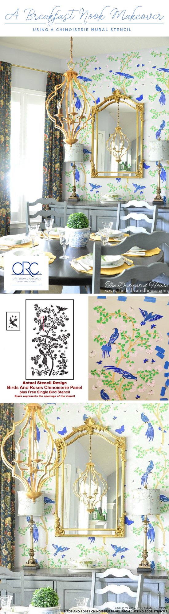 Cutting Edge Stencils shares a DIY stenciled breakfast nook by The Dedicated House that used the Chinoiserie Birds and Roses Mural Stencil. http://www.cuttingedgestencils.com/chinoiserie-wall-stencil-mural-panel-asian-design.html