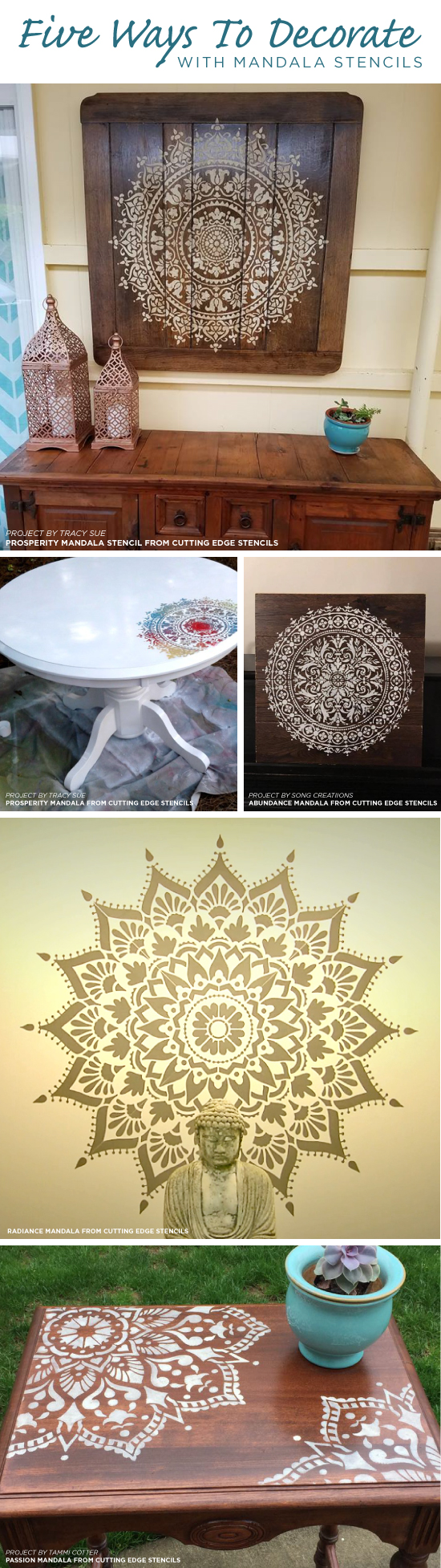 Cutting Edge Stencils shares five DIY decorating projects using Mandala Stencil patterns. http://www.cuttingedgestencils.com/mandala-stencils.html