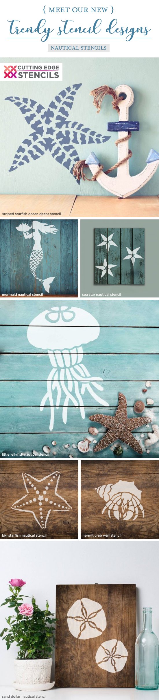 Cutting Edge Stencils shares a New wall stencil collection that includes beach inspired and nautical patterns for walls, furniture, and crafts. http://www.cuttingedgestencils.com/wall-stencils-stencil-designs.html