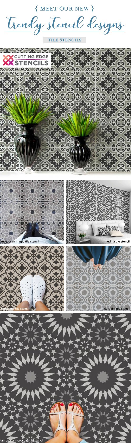 Cutting Edge Stencils shares a New wall stencil collection that includes gorgeous cement tile patterns perfect for making over old floors or linoleum flooring. http://www.cuttingedgestencils.com/wall-stencils-stencil-designs.html