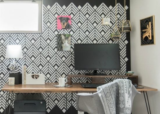 A DIY black and white home office accent wall using the Deco Diamonds Allover Stencil from Cutting Edge Stencils. http://www.cuttingedgestencils.com/Art-deco-stencil-pattern-wallpaper-wall-stencils.html
