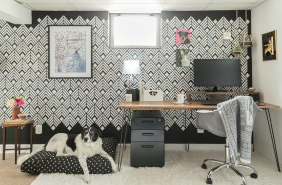 A DIY black and white home office accent wall using the Deco Diamonds Allover Stencil from Cutting Edge Stencils. http://www.cuttingedgestencils.com/Art-deco-stencil-pattern-wallpaper-wall-stencils.html