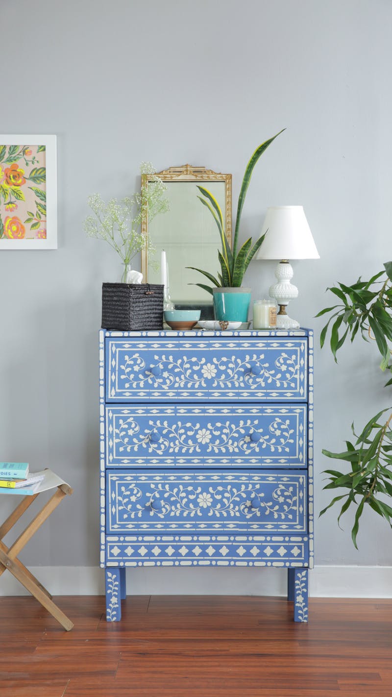 A DIY stenciled $35 Ikea Rast pine dresser that was painted and stenciled using the Indian Inlay Stencil Kit designed by Kim Myles from Cutting Edge Stencils. Project via Apartment Therapy. http://www.cuttingedgestencils.com/indian-inlay-stencil-furniture.html