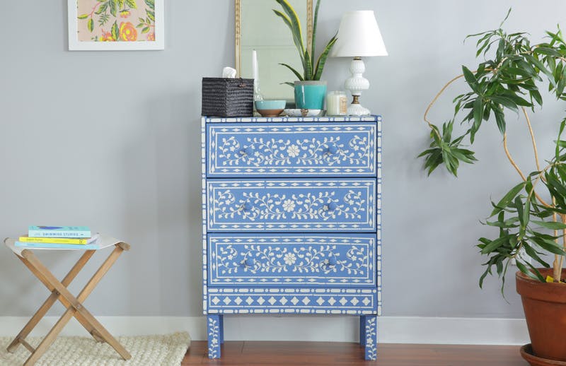 A DIY stenciled $35 Ikea Rast pine dresser that was painted and stenciled using the Indian Inlay Stencil Kit designed by Kim Myles from Cutting Edge Stencils. Project via Apartment Therapy. http://www.cuttingedgestencils.com/indian-inlay-stencil-furniture.html 