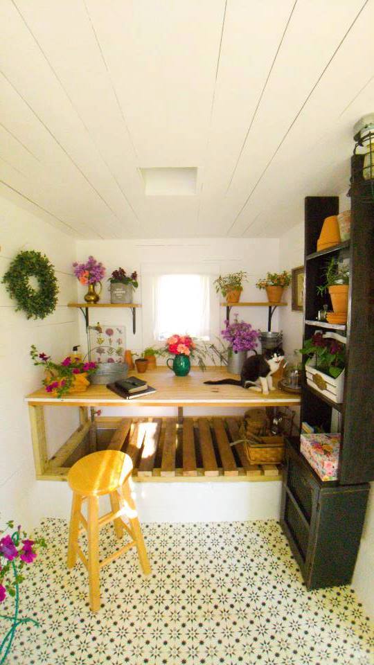 A pump house turned garden shed with a DIY stenciled cement floor using the Jewel Tile Stencil from Cutting Edge Stencils. http://www.cuttingedgestencils.com/jewel-tile-stencil-cement-tiles-stencils.html
