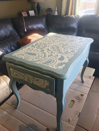 A DIY stenciled table upcycle project using the Paisley Craft Stencil from Cutting Edge Stencils. http://www.cuttingedgestencils.com/paisley-pattern-craft-stencils-for-home-decor-projects.html