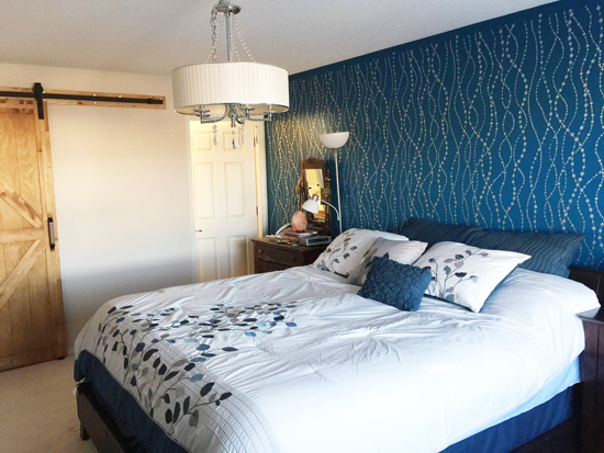 A beautiful blue and metallic silver bedroom makeover with a DIY stenciled accent wall using the Pearls Allover wall stencil from Cutting Edge Stencils. http://www.cuttingedgestencils.com/pearls-stencil-pattern-pearl-wallpaper-stencils-modern-design.html