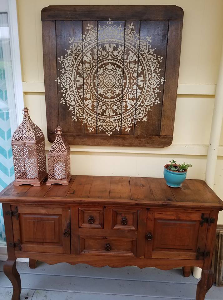 An old bar top table that was upcycled into a piece of wall art using the Prosperity Mandala Stencil from Cutting Edge Stencils. http://www.cuttingedgestencils.com/prosperity-mandala-stencil-yoga-mandala-stencils-designs.html
